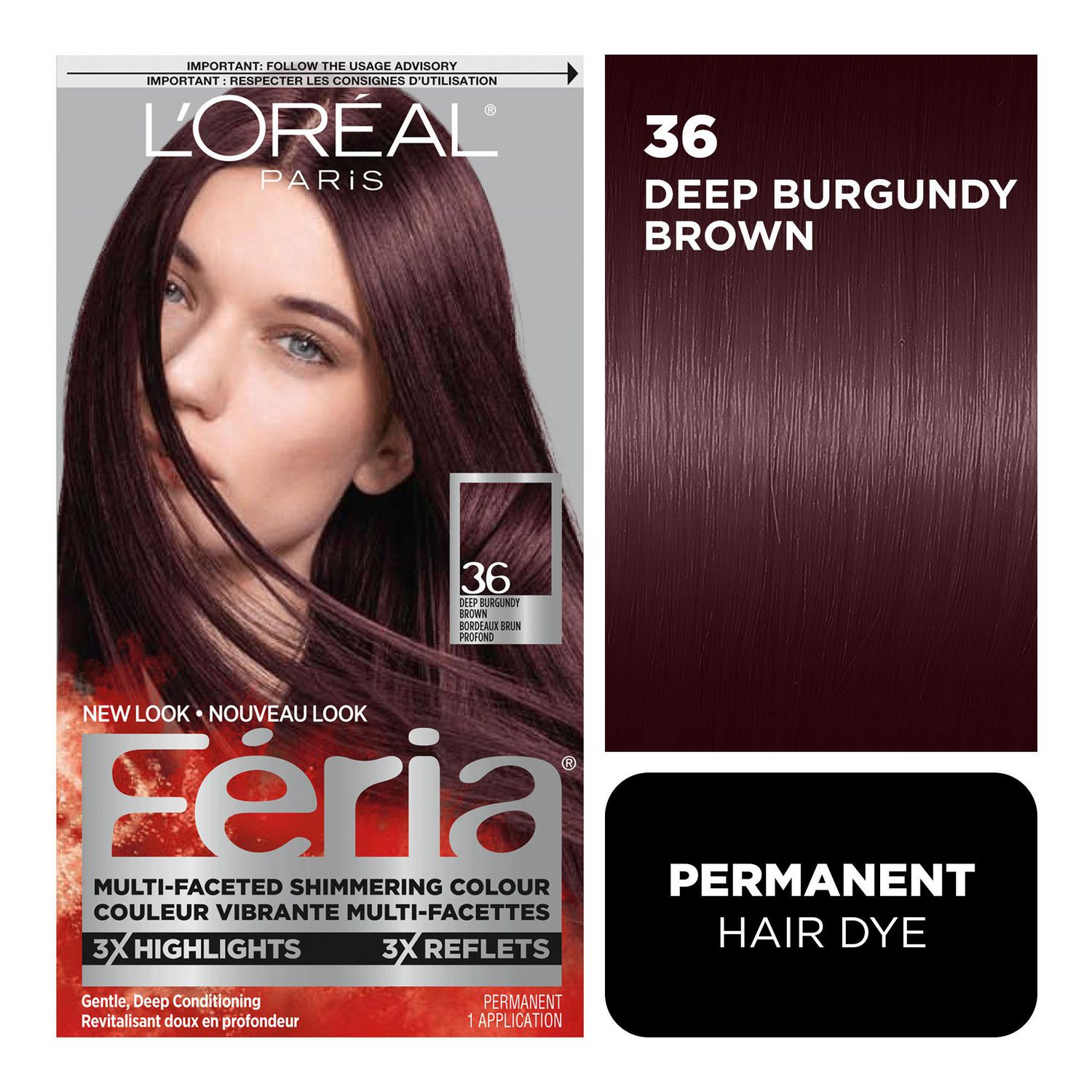 L'Oreal Paris Feria Multi-Faceted Shimmering Permanent Hair Color, 36 Deep Burgundy Brown