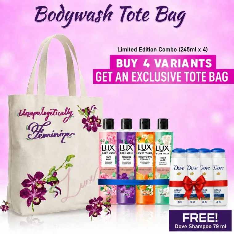 Lux The Exclusive Body Wash Combo Pack + free 4 Pcs Dove Nourshing Shampoo (79ml)