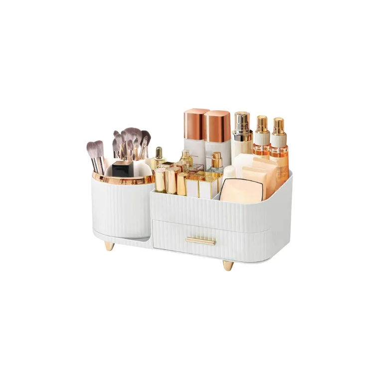 Blink Rotating Makeup Storage Box - Light Luxury Desktop Cosmetic Organizer Box with Drawers (White)